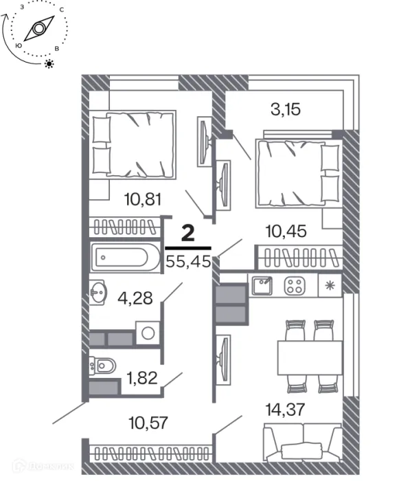 Планировка 2 комн. в Кипарис (Дом на Быстрецкой)