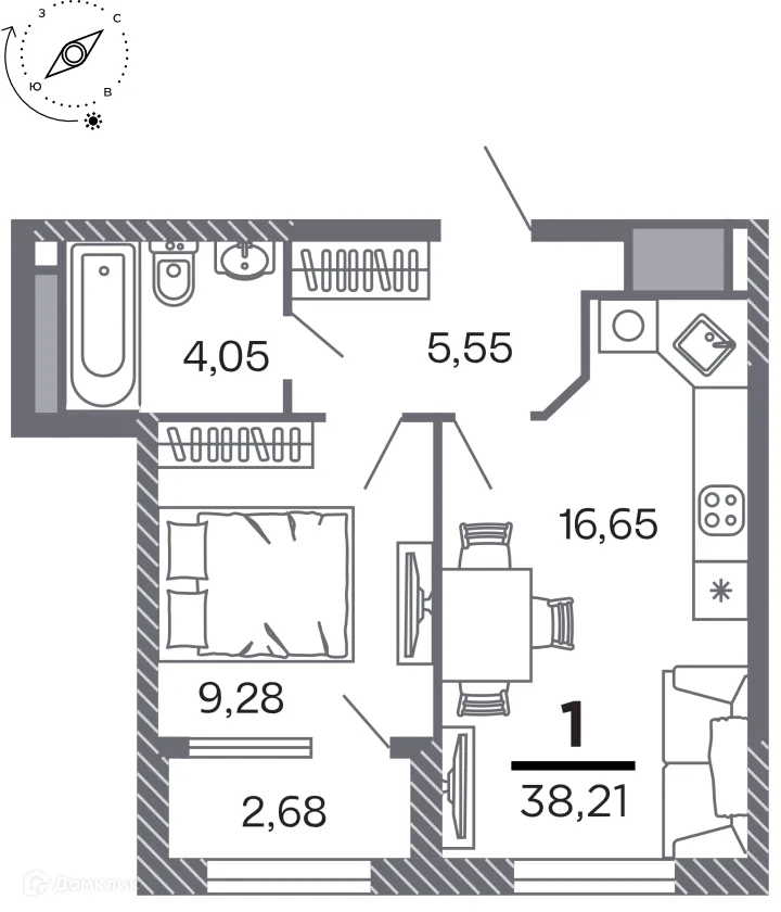 Планировка 1-комнатной квартиры 38.21 м² в Кипарис (Дом на Быстрецкой), г. Рязань — фото 1