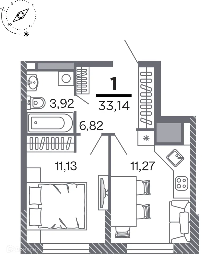 Планировка 1-комнатной квартиры 33.14 м² в Кипарис (Дом на Быстрецкой), г. Рязань — фото 1
