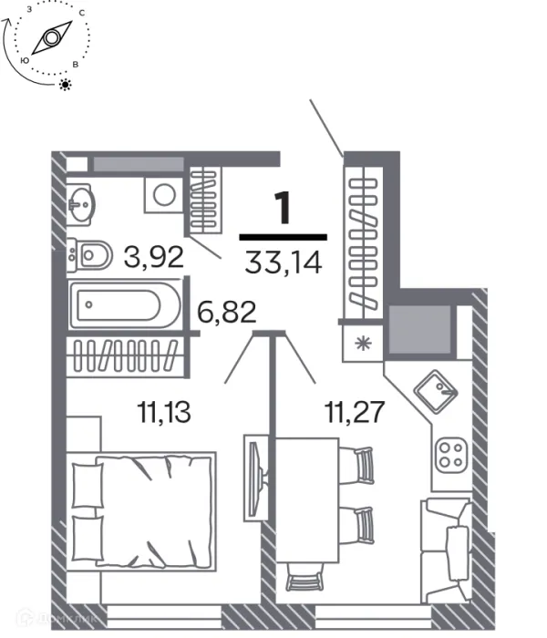 Планировка 1 комн. в Кипарис (Дом на Быстрецкой)