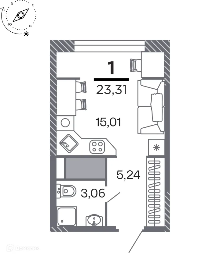Планировка студии квартиры 23.31 м² в Кипарис (Дом на Быстрецкой), г. Рязань — фото 1