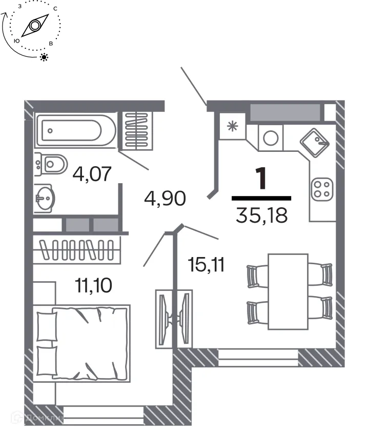 Планировка 1-комнатной квартиры 35.18 м² в Кипарис (Дом на Быстрецкой), г. Рязань — фото 1