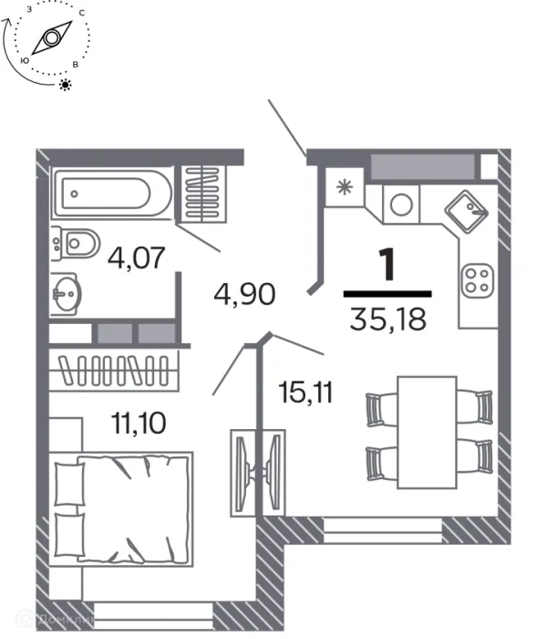 Планировка 1 комн. в Кипарис (Дом на Быстрецкой)