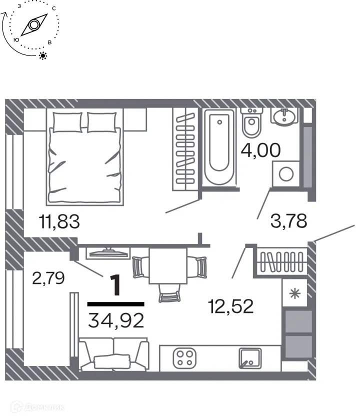 Планировка 1-комнатной квартиры 34.92 м² в Кипарис (Дом на Быстрецкой), г. Рязань — фото 1