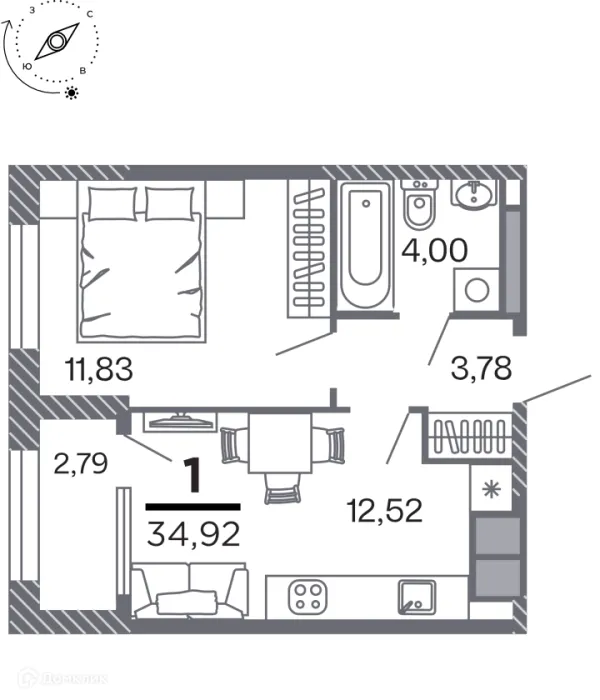 Планировка 1 комн. в Кипарис (Дом на Быстрецкой)