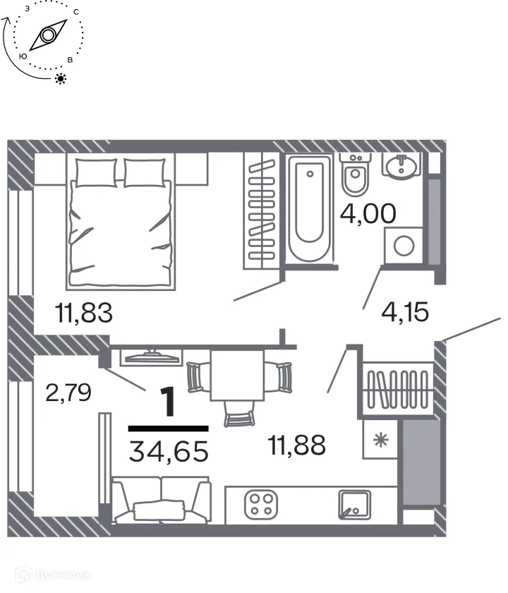 Планировка 1-комнатной квартиры 34.65 м² в Кипарис (Дом на Быстрецкой), г. Рязань — фото 1