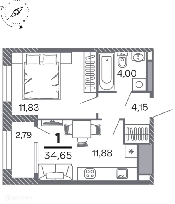 Планировка 1 комн. в Кипарис (Дом на Быстрецкой)