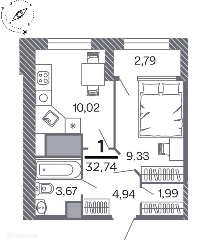 Планировка 1-комнатной квартиры 32.74 м² в Кипарис (Дом на Быстрецкой), г. Рязань — фото 1