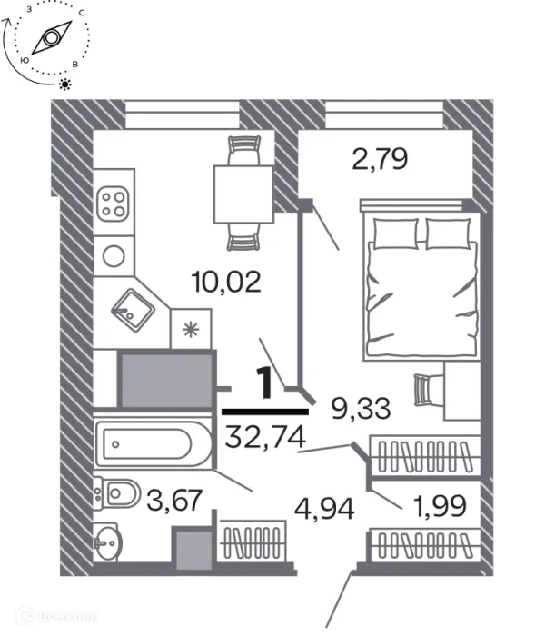 Планировка 1 комн. в Кипарис (Дом на Быстрецкой)