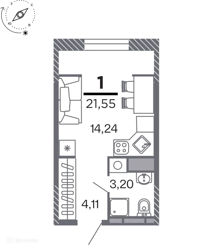 Планировка студии квартиры 21.55 м² в Кипарис (Дом на Быстрецкой), г. Рязань — фото 1