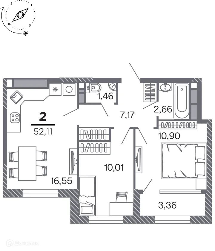 Планировка 2-комнатной квартиры 52.11 м² в Кипарис (Дом на Быстрецкой), г. Рязань — фото 1