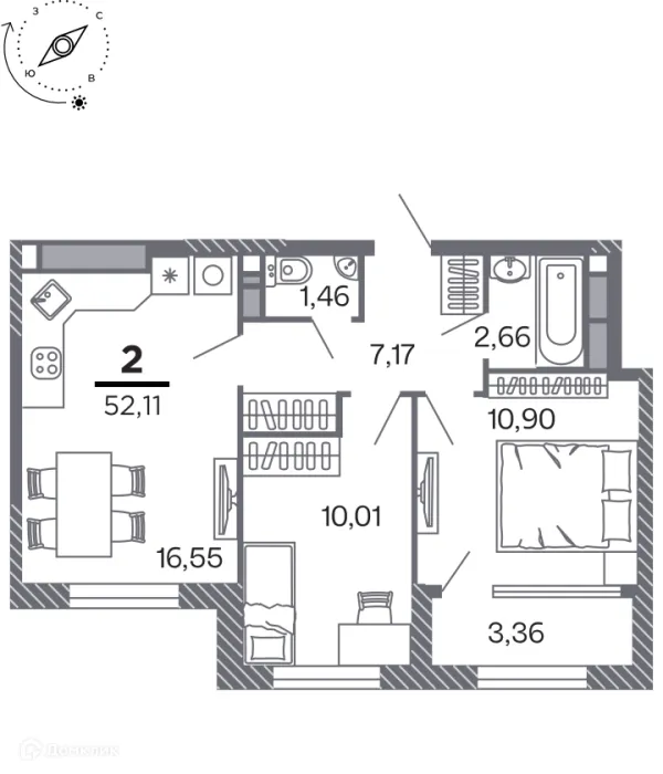 Планировка 2 комн. в Кипарис (Дом на Быстрецкой)