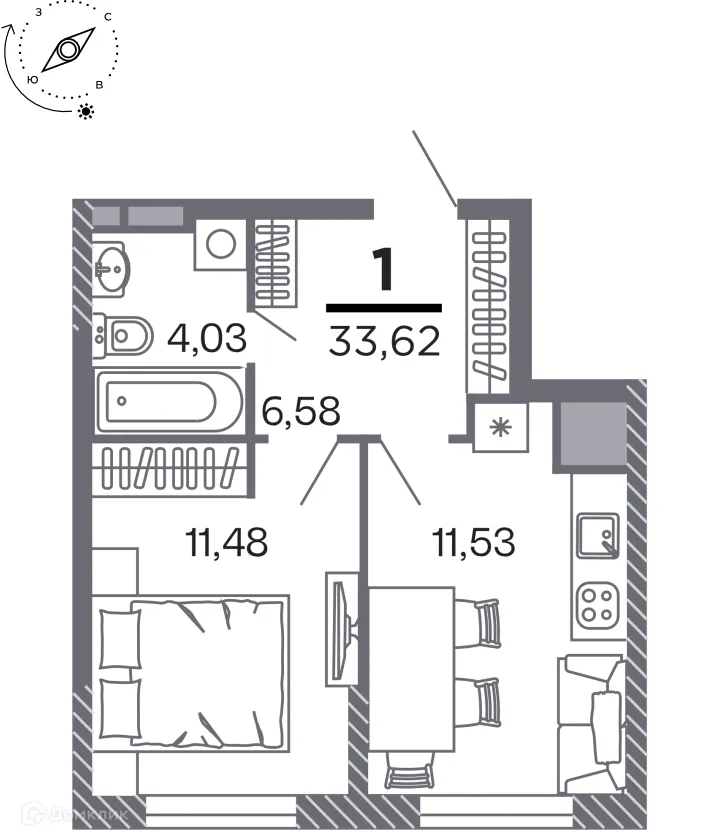 Планировка 1-комнатной квартиры 33.62 м² в Кипарис (Дом на Быстрецкой), г. Рязань — фото 1