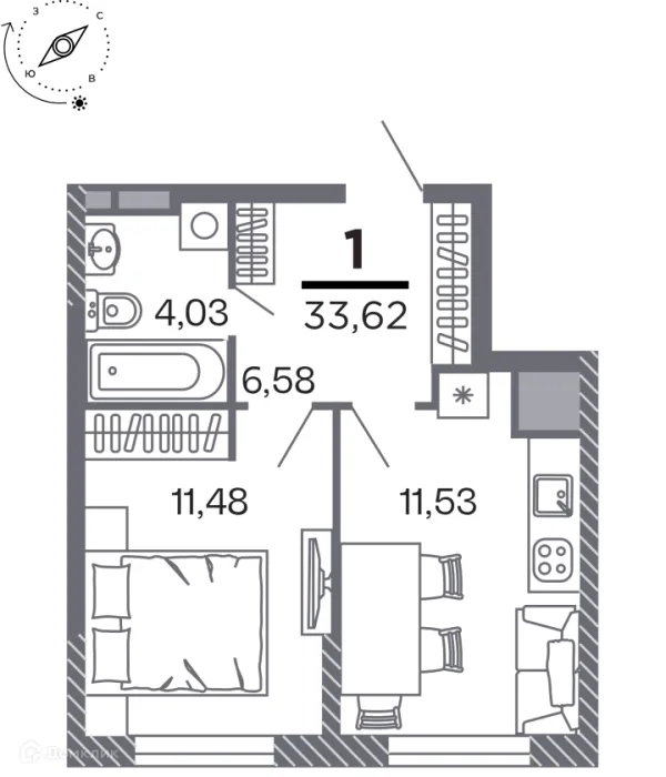 Планировка 1 комн. в Кипарис (Дом на Быстрецкой)