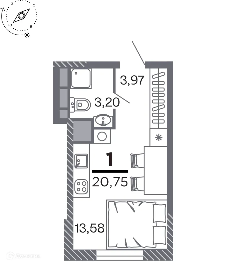Планировка студии квартиры 20.75 м² в Кипарис (Дом на Быстрецкой), г. Рязань — фото 1