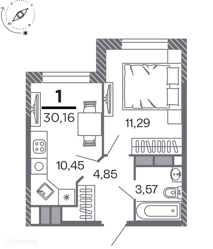 Планировка 1-комнатной квартиры 30.16 м² в Кипарис (Дом на Быстрецкой), г. Рязань — фото 1