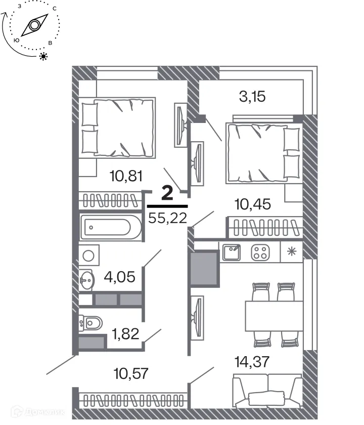 Планировка 2-комнатной квартиры 55.22 м² в Кипарис (Дом на Быстрецкой), г. Рязань — фото 1