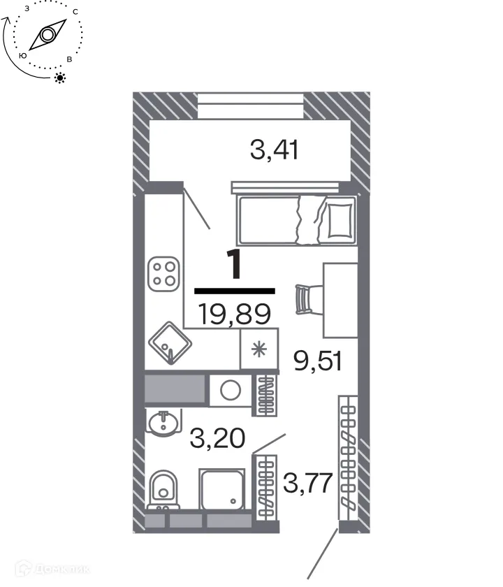 Планировка студии квартиры 19.89 м² в Кипарис (Дом на Быстрецкой), г. Рязань — фото 1