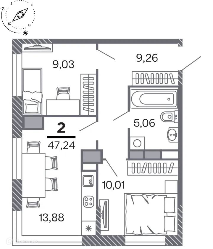 Планировка 2-комнатной квартиры 47.24 м² в Кипарис (Дом на Быстрецкой), г. Рязань — фото 1