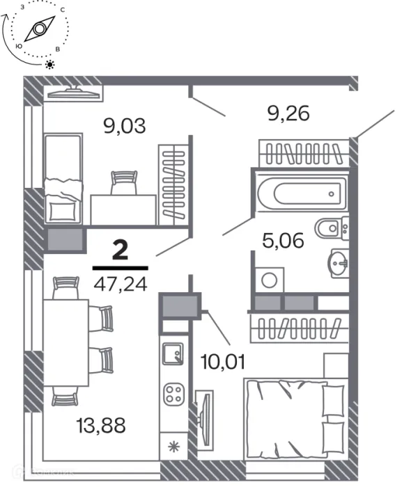 Планировка 2 комн. в Кипарис (Дом на Быстрецкой)