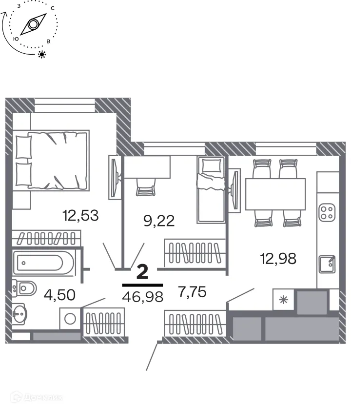Планировка 2-комнатной квартиры 46.98 м² в Кипарис (Дом на Быстрецкой), г. Рязань — фото 1