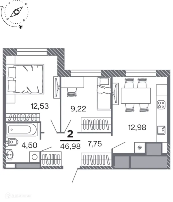 Планировка 2 комн. в Кипарис (Дом на Быстрецкой)
