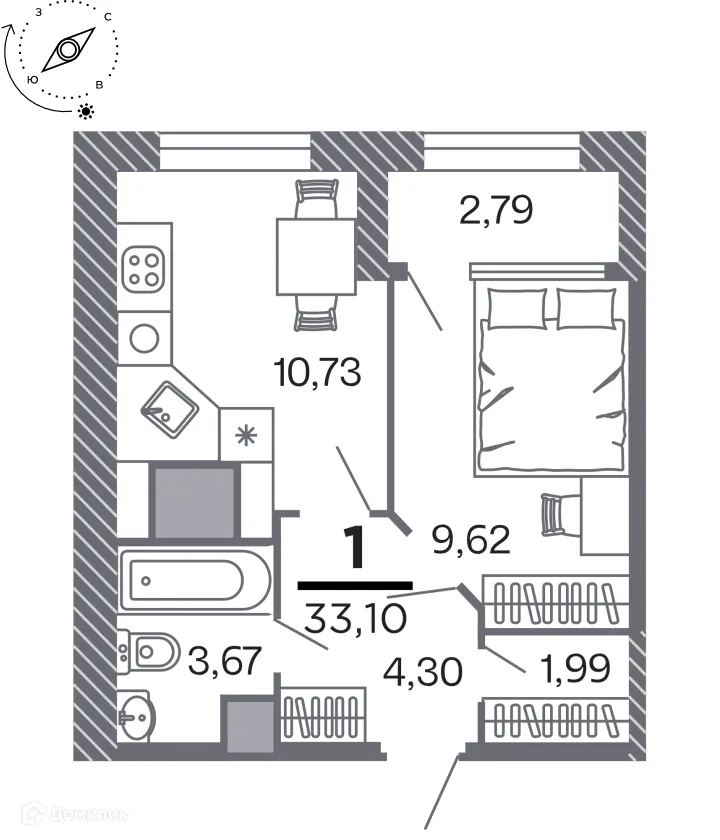 Планировка 1-комнатной квартиры 33.1 м² в Кипарис (Дом на Быстрецкой), г. Рязань — фото 1
