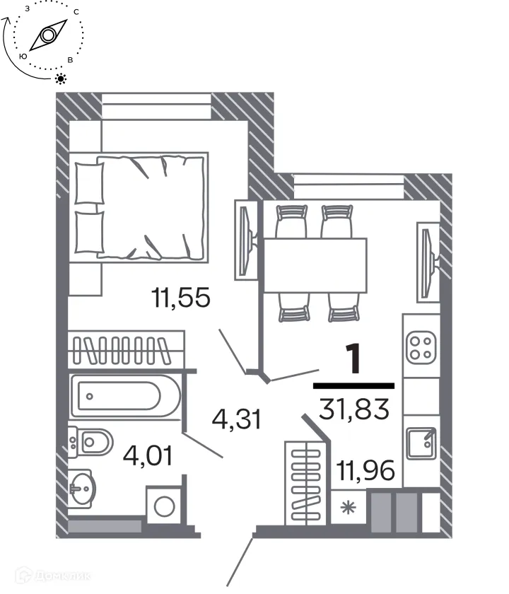 Планировка 1-комнатной квартиры 31.83 м² в Кипарис (Дом на Быстрецкой), г. Рязань — фото 1