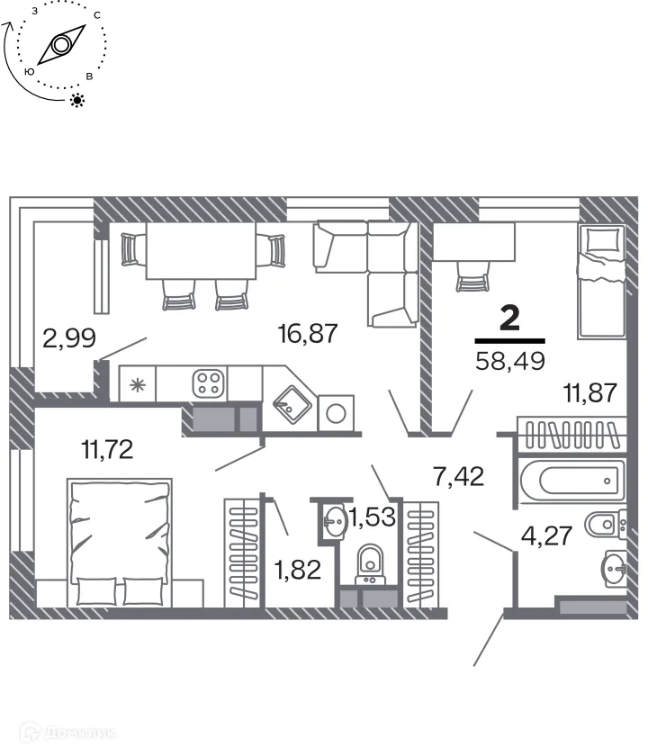 Планировка 2-комнатной квартиры 58.49 м² в Кипарис (Дом на Быстрецкой), г. Рязань — фото 1
