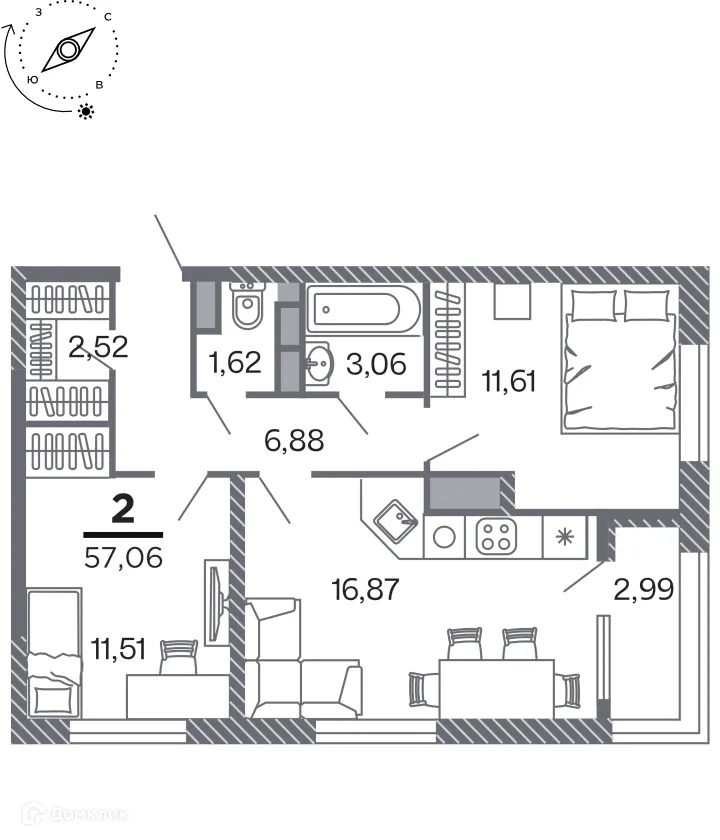 Планировка 2-комнатной квартиры 57.06 м² в Кипарис (Дом на Быстрецкой), г. Рязань — фото 1