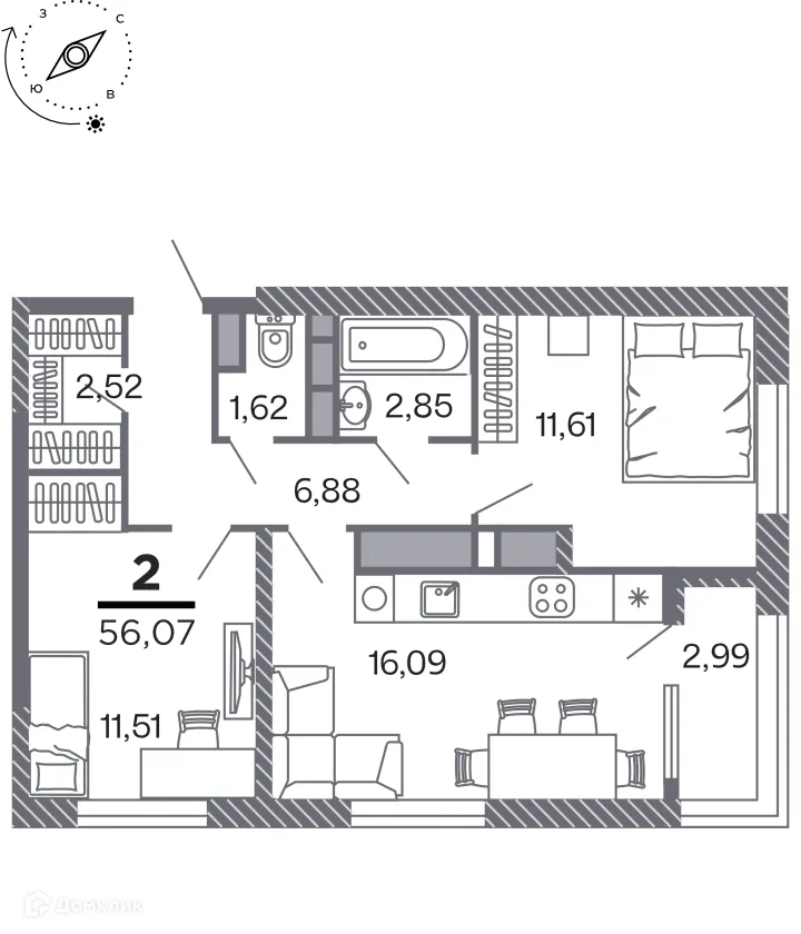 Планировка 2-комнатной квартиры 56.07 м² в Кипарис (Дом на Быстрецкой), г. Рязань — фото 1