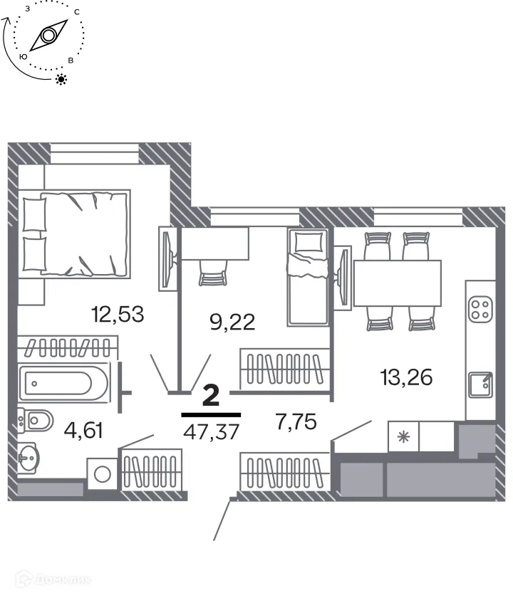 Планировка 2-комнатной квартиры 47.37 м² в Кипарис (Дом на Быстрецкой), г. Рязань — фото 1