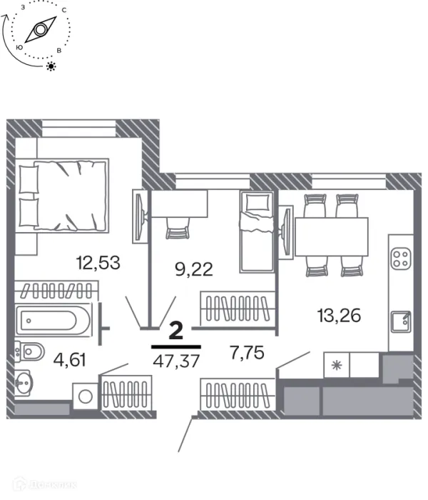 Планировка 2 комн. в Кипарис (Дом на Быстрецкой)