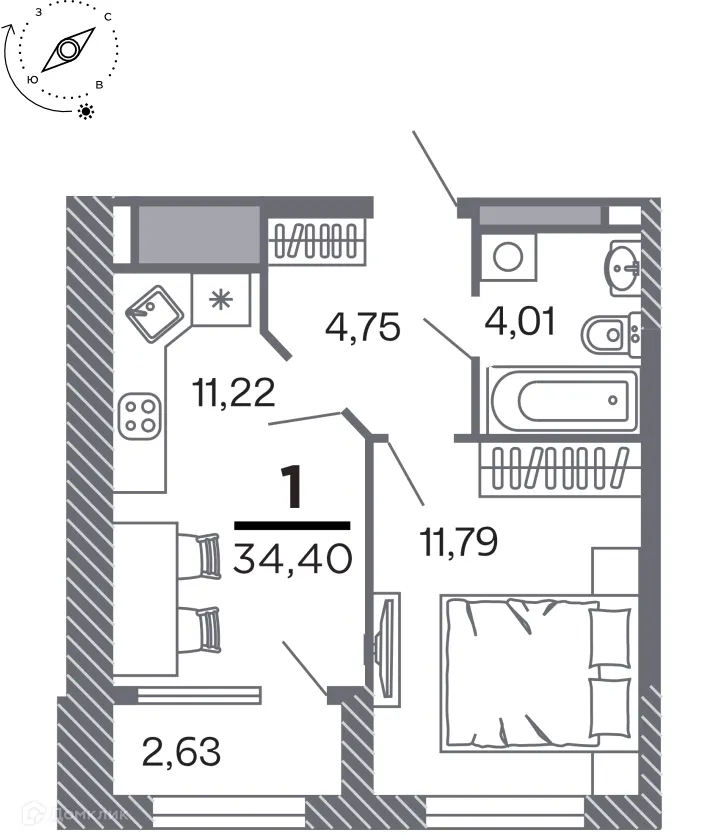 Планировка 1-комнатной квартиры 34.4 м² в Кипарис (Дом на Быстрецкой), г. Рязань — фото 1