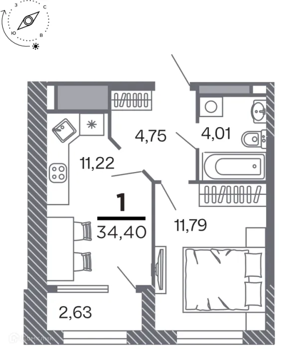 Планировка 1 комн. в Кипарис (Дом на Быстрецкой)