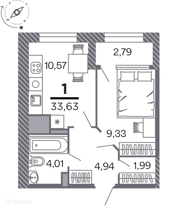 Планировка 1-комнатной квартиры 33.63 м² в Кипарис (Дом на Быстрецкой), г. Рязань — фото 1