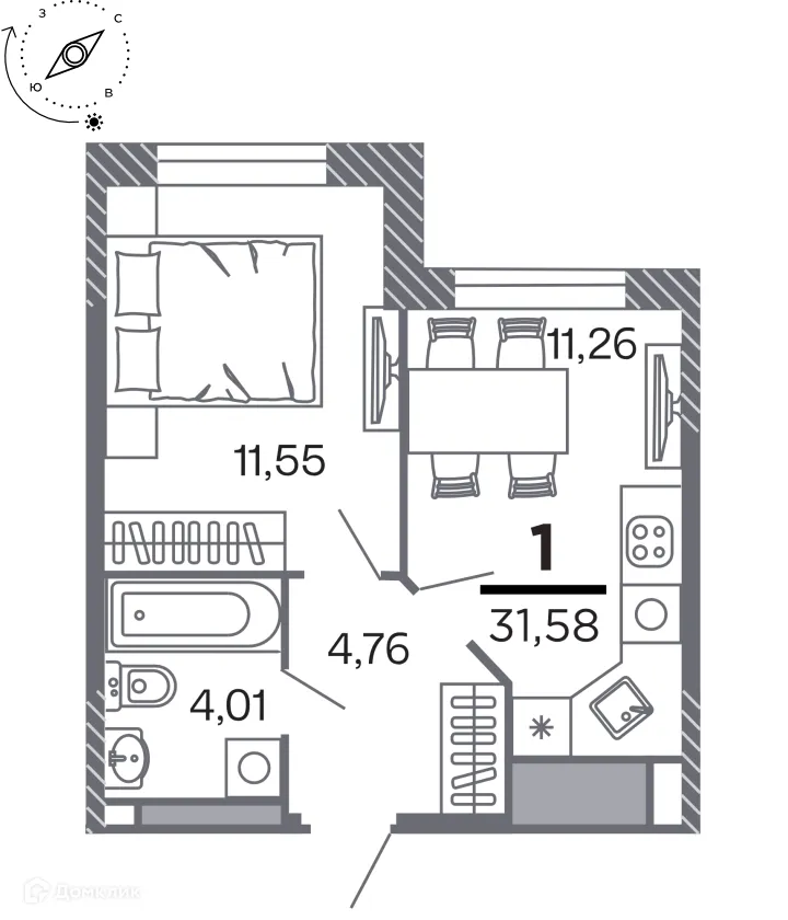 Планировка 1-комнатной квартиры 31.58 м² в Кипарис (Дом на Быстрецкой), г. Рязань — фото 1