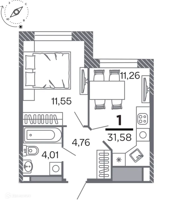 Планировка 1 комн. в Кипарис (Дом на Быстрецкой)