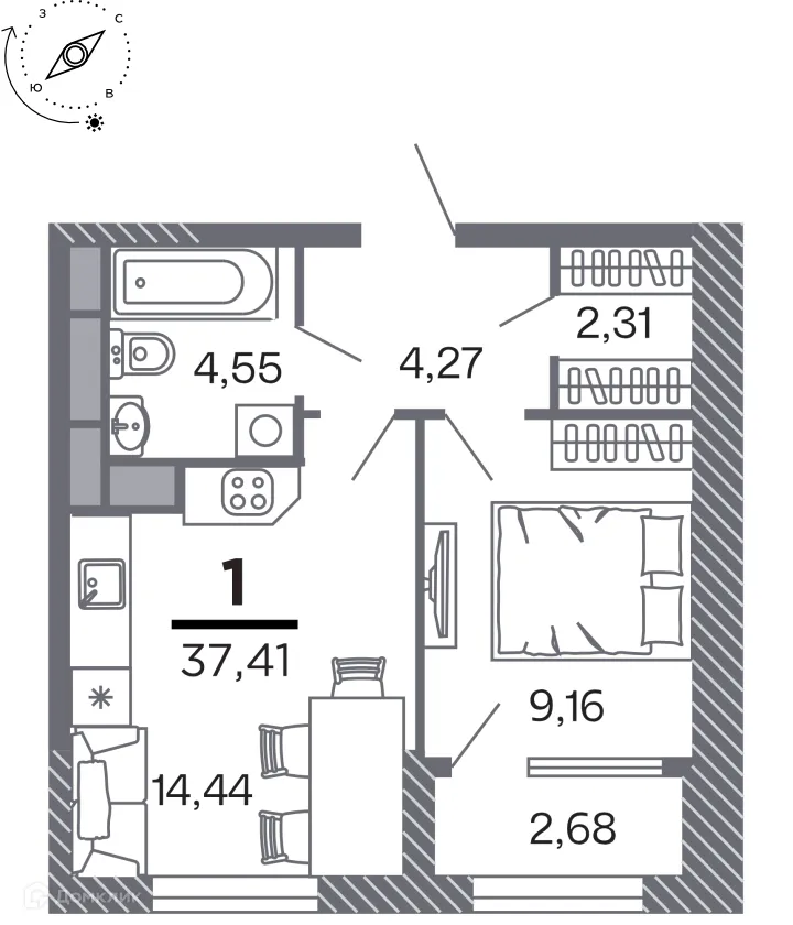 Планировка 1-комнатной квартиры 37.41 м² в Кипарис (Дом на Быстрецкой), г. Рязань — фото 1