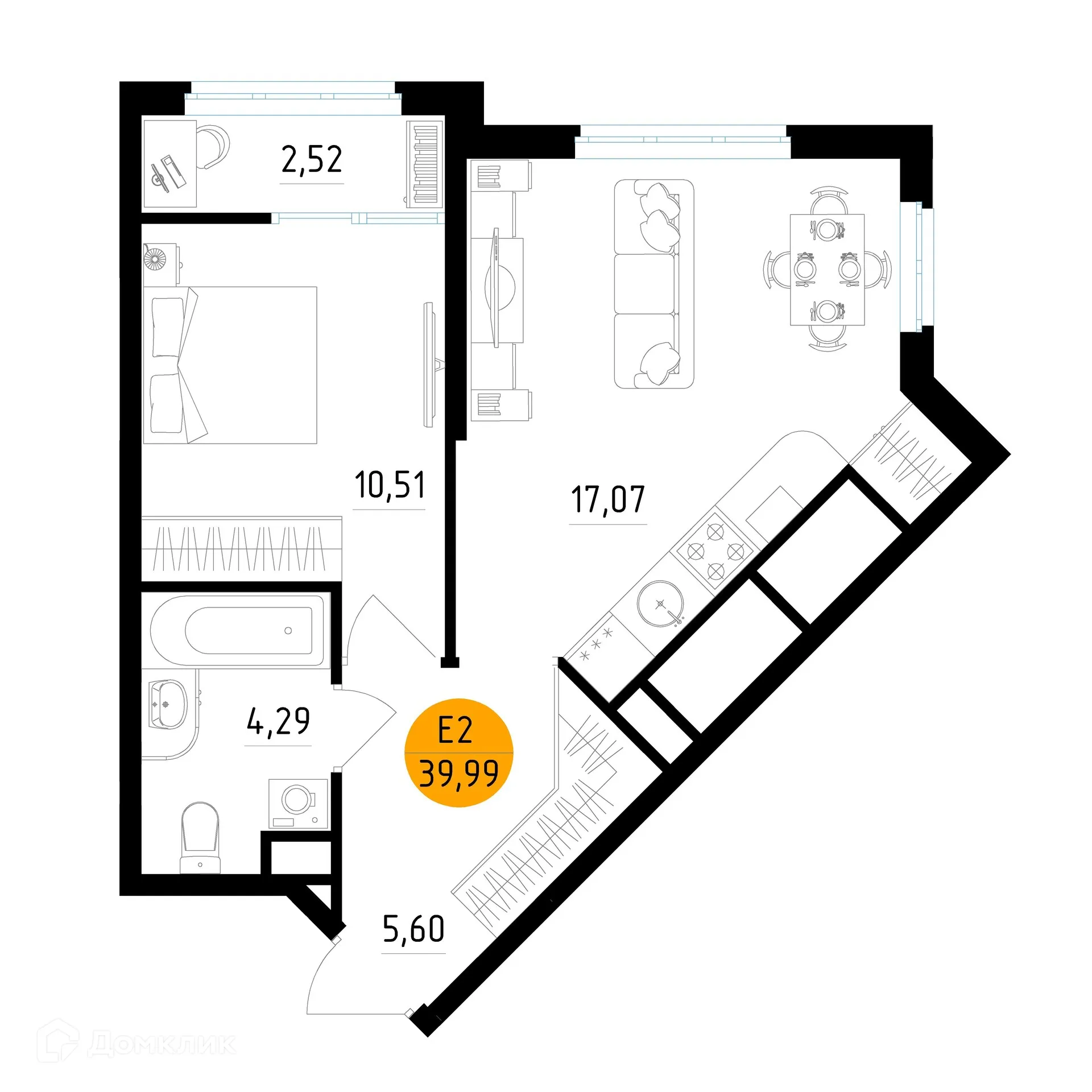 Планировка 1-комнатной квартиры 39.99 м² в ЖК Смарт Квартал ЦЕНТРАЛЬНЫЙ, г. Рязань — фото 1