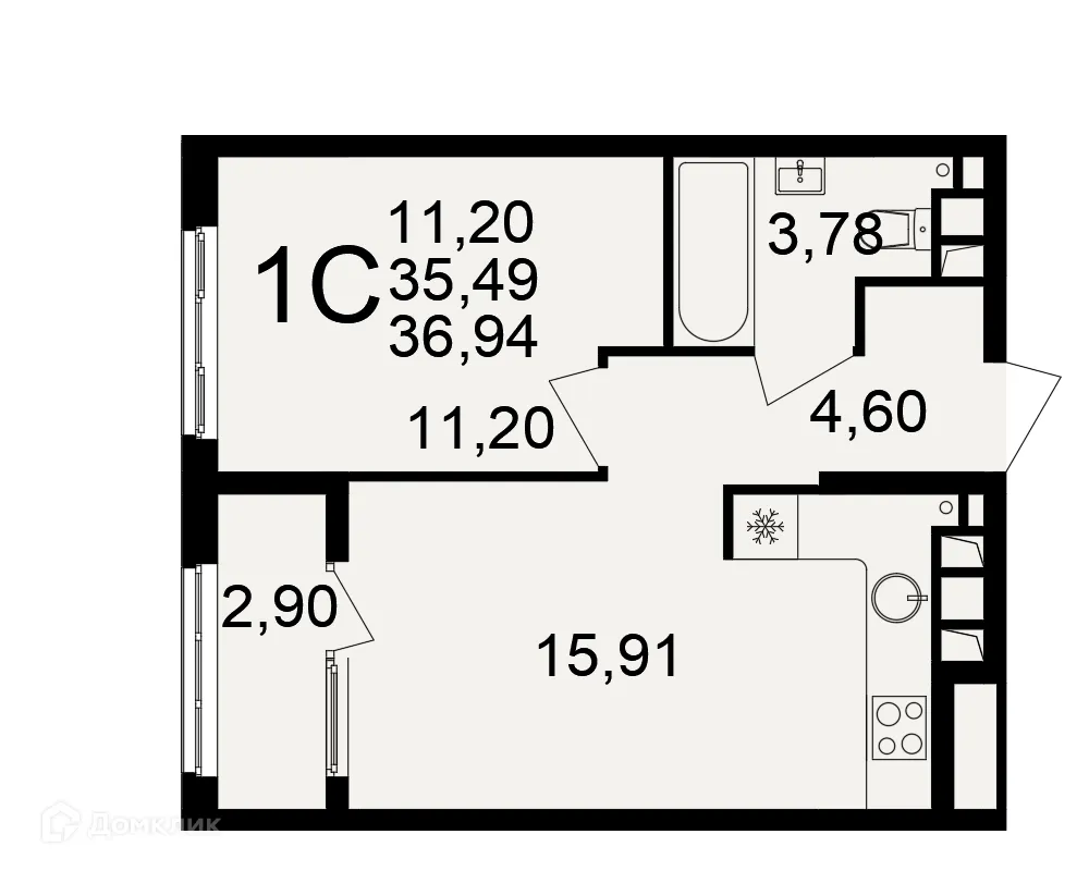 Планировка 1-комнатной квартиры 36.94 м² в Импульс, г. Рязань — фото 1
