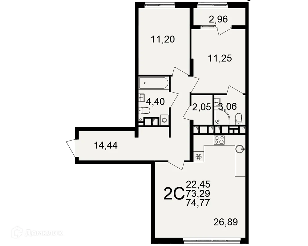 Планировка 2-комнатной квартиры 74.77 м² в Импульс, г. Рязань — фото 1