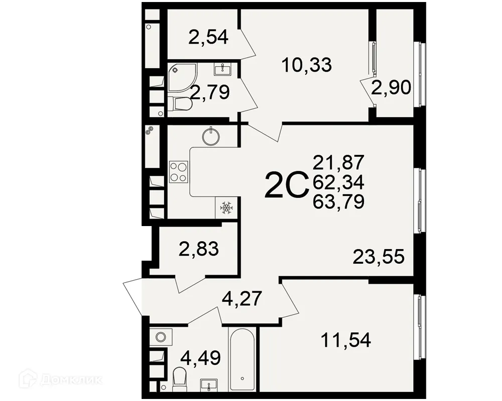 Планировка 2-комнатной квартиры 63.79 м² в Импульс, г. Рязань — фото 1