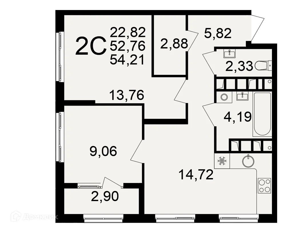 Планировка 2-комнатной квартиры 54.21 м² в Импульс, г. Рязань — фото 1