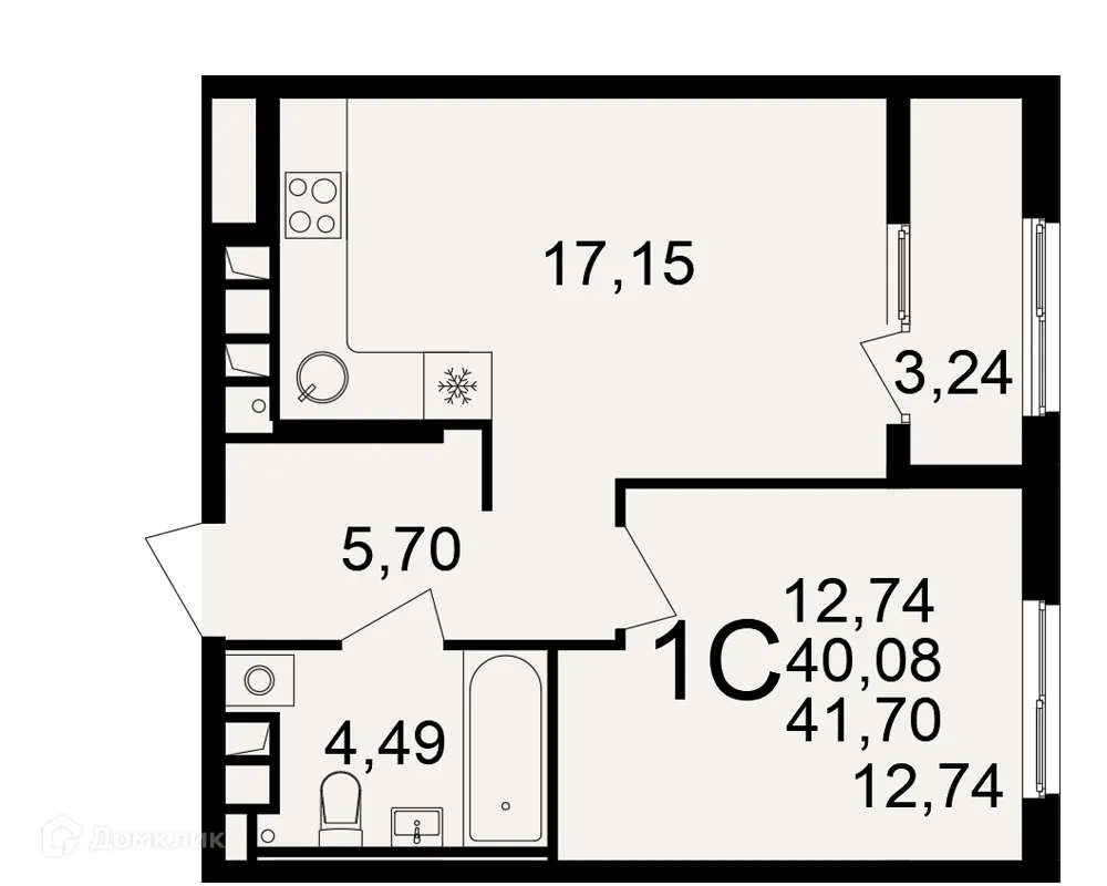 Планировка 1-комнатной квартиры 41.7 м² в Импульс, г. Рязань — фото 1
