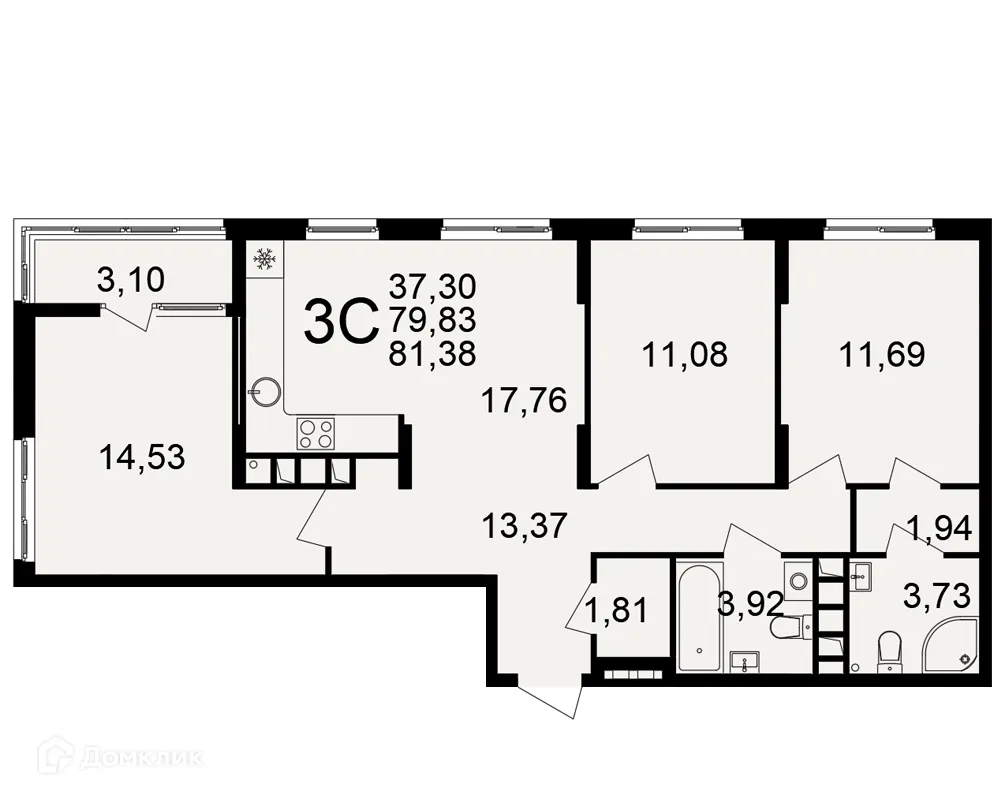 Планировка 3-комнатной квартиры 81.38 м² в Импульс, г. Рязань — фото 1