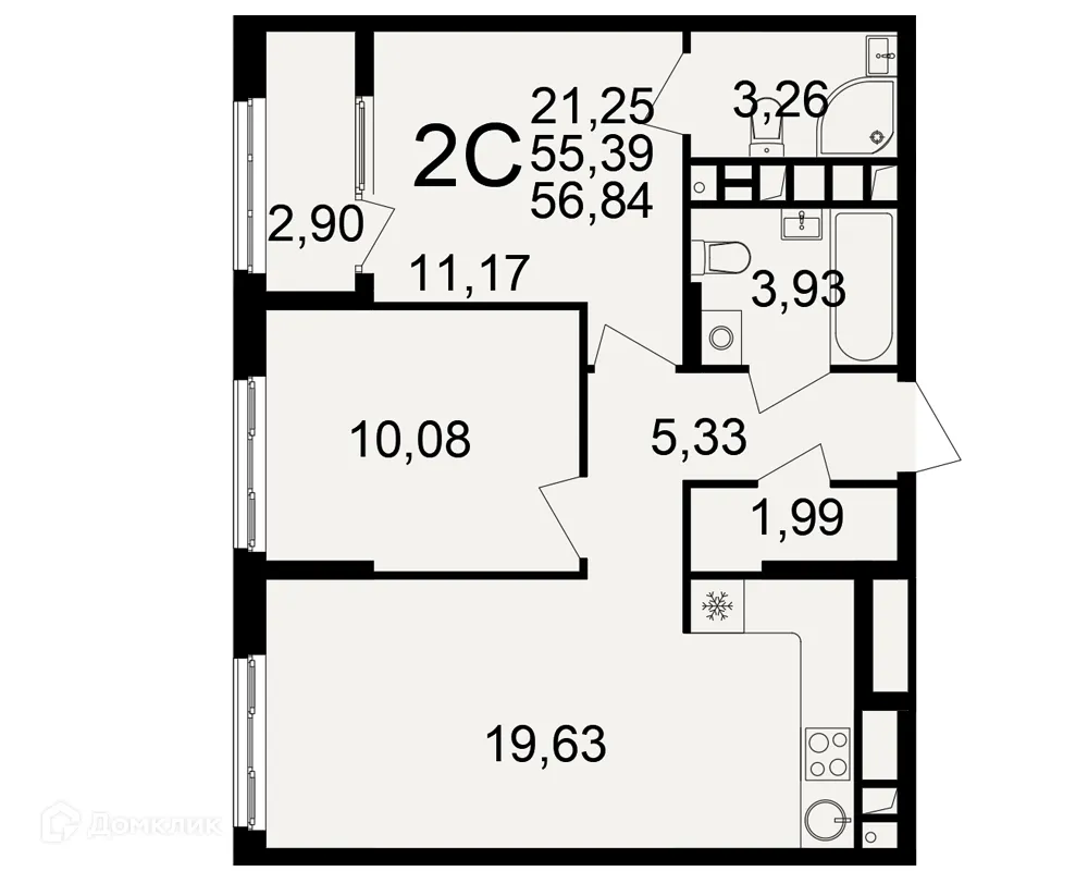 Планировка 2-комнатной квартиры 56.84 м² в Импульс, г. Рязань — фото 1