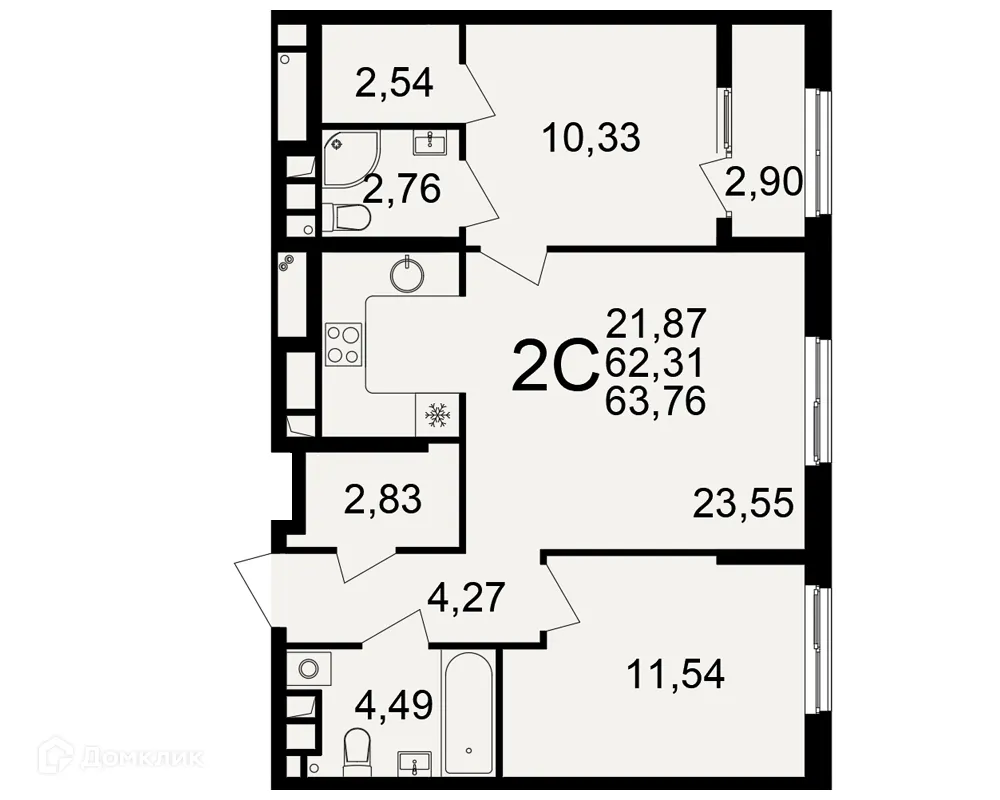 Планировка 2-комнатной квартиры 63.76 м² в Импульс, г. Рязань — фото 1