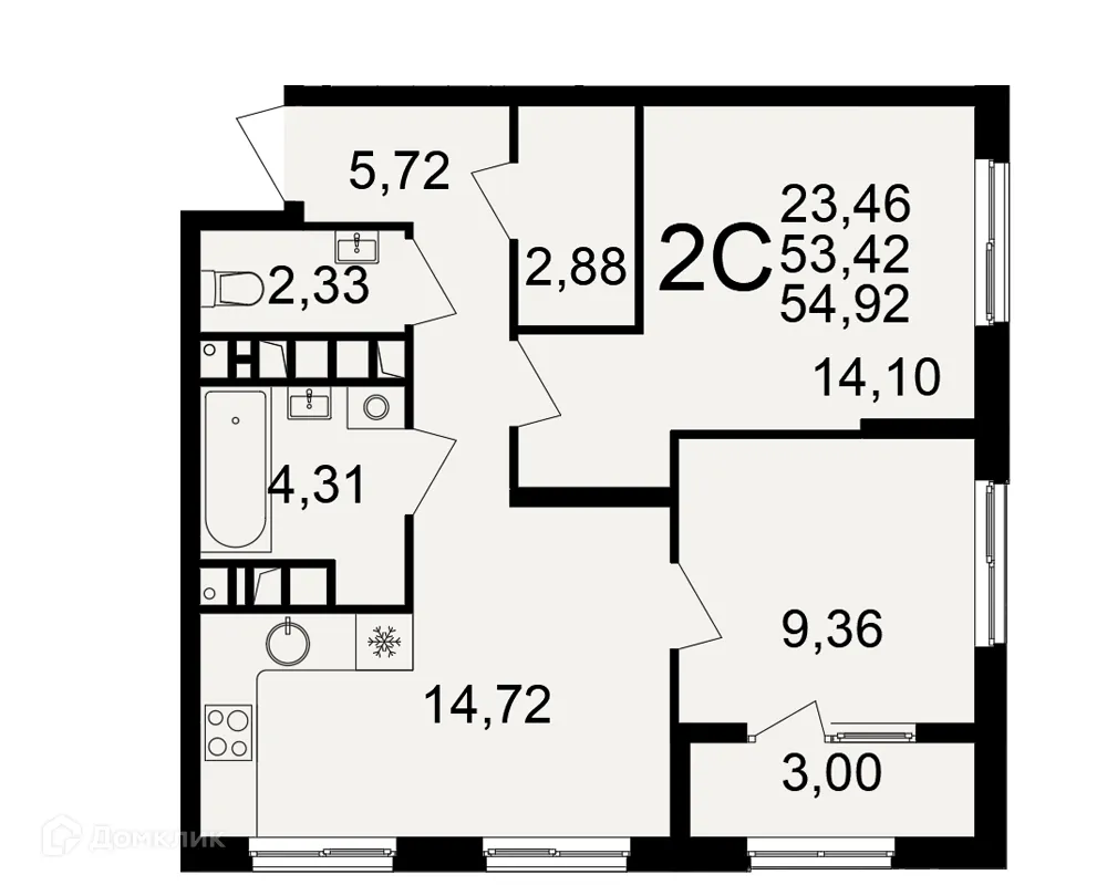 Планировка 2-комнатной квартиры 54.92 м² в Импульс, г. Рязань — фото 1