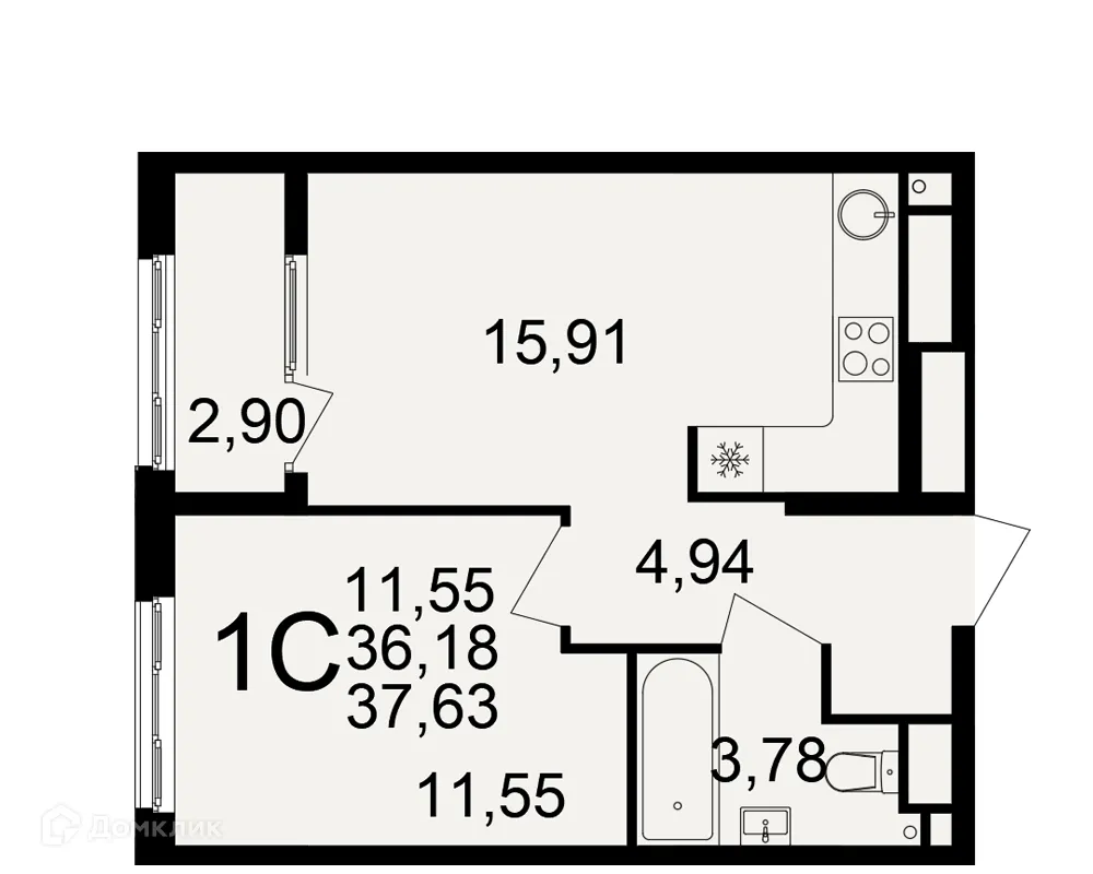 Планировка 1-комнатной квартиры 37.63 м² в Импульс, г. Рязань — фото 1